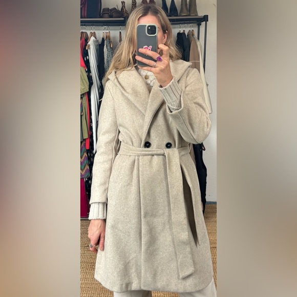Zara Ecru Taupe Knit Hooded Belted Winter Coat - Picture 3 of 16